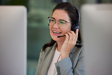 Image showing Computer, call center and woman with telemarketing, talking and crm with customer service, help and headphones. Ecommerce, female person and happy consultant with happiness, headset and tech support