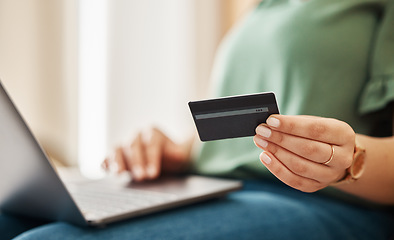 Image showing Laptop, credit card and woman hands with online shopping and banking at home. Ecommerce, cashback and sale with digital payment on web and easy pay with plastic discount and website checkout