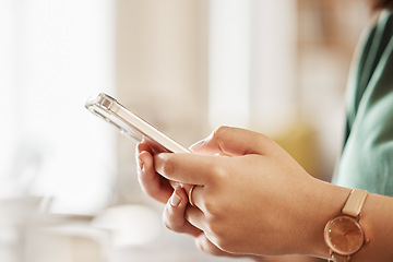 Image showing Woman, hands and typing with phone in home, reading social media notification or online contact. Closeup of female person, smartphone and app user download mobile games, search digital network or web