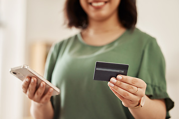 Image showing Phone, credit card and woman hands with online shopping and banking at home. Ecommerce, mobile cashback and sale with digital payment on web and easy pay with discount and smile from website checkout