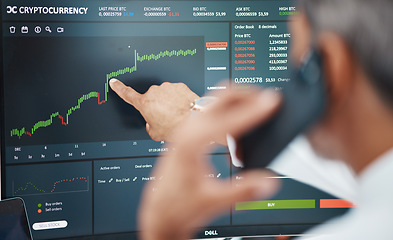 Image showing Phone call, man and computer screen for cryptocurrency, stock market and finance. Smartphone, trading and person with chart, statistics or analytics for investment growth, blockchain or communication