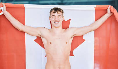 Image showing Canadian flag, smile and portrait of man for sport, swimming and Canada fan. Banner, national maple leaf and face of happy athlete with patriotism, pride and represent country, support or motivation