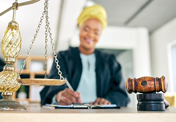 Image showing Legal, scale and woman judge writing for an investigation document or criminal case in a law firm. Court hammer, administration and lawyer working on justice or planning policy in attorney office