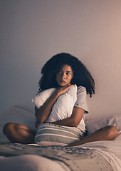 Image showing Sad, woman and night with depression and pillow hug at home with anxiety. House, female person and thinking about mental health problem and mistake on bed with stress feeling lonely with mockup space