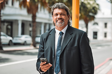 Image showing Portrait, business and senior man with a smartphone, city and smile with connection, typing and social media. Face, male person outdoor and consultant with a cellphone, connectivity and mobile app