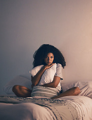Image showing Sad, woman and thinking with depression and pillow hug at home with anxiety. House, female person and tired about mental health problem on a bed with stress and frustrated feeling lonely from fail