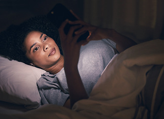 Image showing Relax, night and phone with woman in bedroom for social media app, insomnia and networking. Communication, contact and internet with female person in bed at home for mobile, online and technology