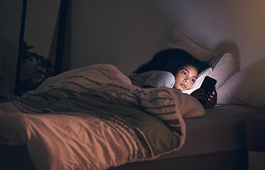 Image showing Tired, night and phone with woman in bedroom for social media app, insomnia and networking. Communication, contact and internet with female person in bed at home for mobile, online and technology