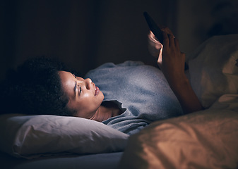 Image showing App, night and phone with woman in bedroom for social media, insomnia and networking. Communication, contact and internet with female person relax in bed at home for mobile, online and technology