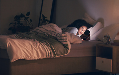 Image showing Contact, night and phone with woman in bedroom for social media app, insomnia and networking. Communication, search and internet with female person in bed at home for mobile, online and technology