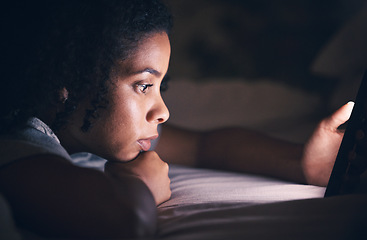 Image showing Relax, insomnia and phone with woman in bedroom for social media app, night and networking. Communication, contact and internet with female person in bed at home for mobile, online and technology