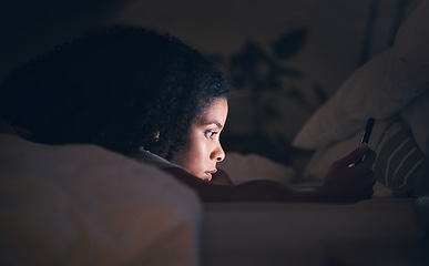 Image showing Tired, insomnia and phone with woman in bedroom for social media app, night and networking. Communication, contact and internet with female person in bed at home for mobile, online and technology