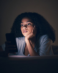 Image showing Focus, night and phone with woman in bedroom for social media app, insomnia and networking. Communication, contact and internet with female person in bed at home for mobile, online and technology