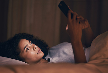 Image showing Search, night and phone with woman in bedroom for social media app, insomnia and networking. Communication, contact and internet with female person in bed at home for mobile, online and technology