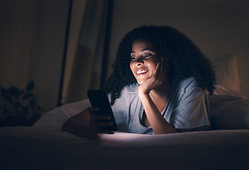 Image showing Insomnia, smile and phone with woman in bedroom for social media app, night and networking. Communication, contact and internet with female person in bed at home for mobile, online and technology