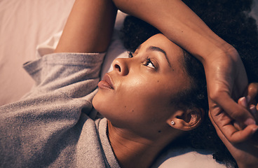 Image showing Tired, insomnia and night with woman in bedroom for stress, thinking and sad. Mental health, depression and fatigue with female person feeling lonely at home for anxiety, frustrated and fear problem