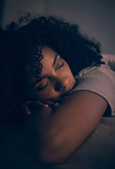 Image showing Woman, sleeping and night in bed with rest and dreaming of a tired girl in a bedroom at home. House, female person and nap in the dark with pillow and feeling sleepy and relax with a duvet blanket