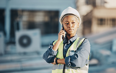 Image showing Phone call, solar panel and black woman conversation, thinking or talk about photovoltaic plate, sustainability or ideas. Renewable energy, smartphone and female engineer advice for electrical power