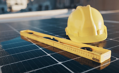 Image showing Solar panel, engineering tools and renewable energy isolated for maintenance and construction work. Industrial, sustainability and equipment on a rooftop for eco friendly power project and safety