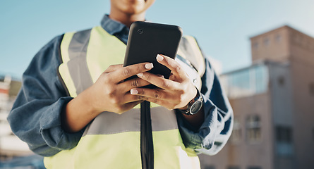 Image showing Phone, construction worker hands and person typing, networking or search info about inspection, maintenance or building. Cellphone communication, closeup builder or engineer research architecture