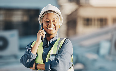 Image showing Phone call, construction worker and black woman conversation, smile or talk about roof inspection, advice or chat. Cellphone communication, builder or female engineer happy about rooftop architecture