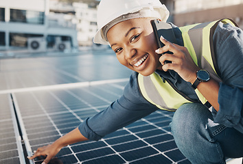 Image showing Portrait of happy black woman, solar panel and phone call for photovoltaic plate, sustainability advice or maintenance. Eco friendly energy, cellphone and female engineer smile for power saving check