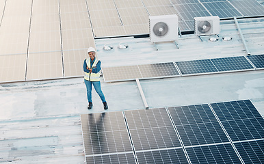 Image showing Solar panel, construction worker and woman portrait with smile for engineering and building job. Arms crossed, happy and green energy builder and labor employee on industrial site for eco project