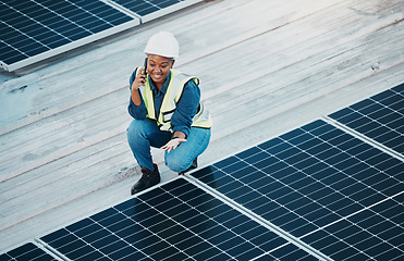 Image showing Rooftop phone call, solar panel and happy woman communication about renewable energy saving. Sustainable electrical grid, cellphone discussion and female engineer inspection of photovoltaic power