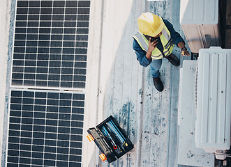 Image showing Phone call, air conditioner and maintenance person conversation about ac repair, roof inspection or check HVAC machine. Top view rooftop, smartphone chat and technician talking about aircon service