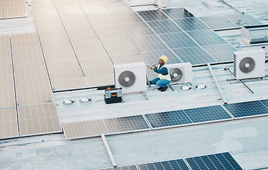 Image showing Engineer woman, speaker call and phone in construction, solar energy and maintenance for air conditioner on rooftop. Technician, photovoltaic tech and hvac on roof, building and electricity in city