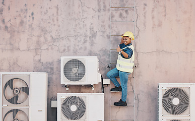 Image showing Technician woman, air conditioning maintenance or thumbs up with smile, success or portrait on ladder by building wall. African engineer, emoji or sign for yes, agreement or achievement for ac repair