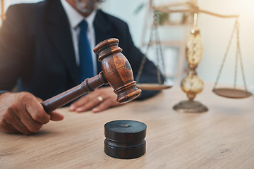 Image showing Scale, judge and gavel with hands of man in office for lawyer, justice and legal hearing. Attorney hammer, advocate and crime with closeup of person law firm for courtroom, equality and jury decision