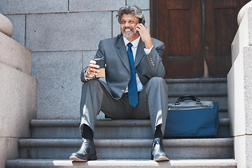 Image showing Business man, phone call and city steps on coffee break with lawyer networking and communication. Mobile, male employee and professional talking with tea on technology ready for attorney work