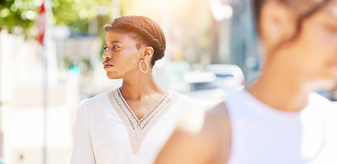 Image showing Flare, thinking and a business black woman walking in the city on her morning commute for corporate work. Street, idea and vision with a young professional female employee in an urban town for travel