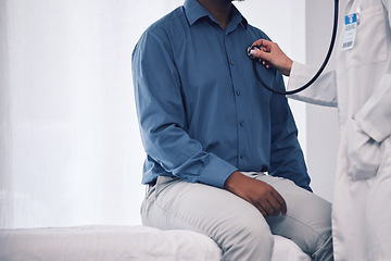 Image showing Doctor, patient and consultation with stethoscope for heart, healthcare services and medical mockup space. Closeup, cardiology and check lungs for breathing, chest assessment and hospital consulting