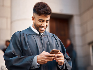 Image showing Phone, judge and lawyer with man in city for social media, communication and networking. Justice, legal and advocate with male attorney at courtroom for research, technology and contact client