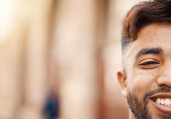 Image showing Smile, half face and mockup for branding, advertising or marketing in the city. Happy, space and portrait of a person, employee or worker with confidence for recruitment or professional career