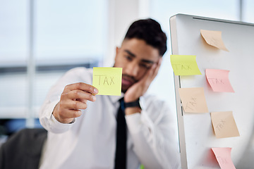Image showing Tax, hand and business man with sticky note in office for debt, audit fail and financial crisis on computer. Stress, problem and professional with paper reminder for bankruptcy, bills and challenge