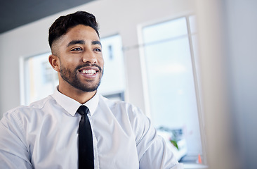 Image showing Professional, man and success with smile at office for career as financial consultant or worker. Broker, happy and face at corporate workplace with business male or employee with positive expression.