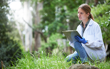 Image showing Science in forest, analysis and woman with checklist in nature, studying growth of trees and sustainable plants. Ecology, green development and research in biology, scientist with clipboard on grass.