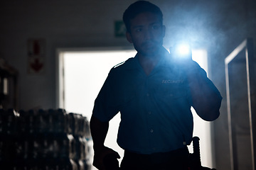 Image showing Flashlight, police and man in dark for investigation, inspection and property search at night. Surveillance, law and security male person with torch in room for safety, crime and protection service