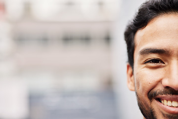 Image showing Happy, half and portrait of a man in the city for business, work or mockup space for advertising. Smile, face and an Asian employee or businessman with bokeh for marketing or urban board in town