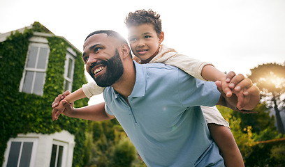 Image showing Plane, relax and happy with father and son in garden for playful, bonding and love. Happiness, hug and smile with man and child playing in backyard of family home for real estate and new house