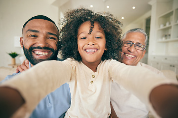 Image showing Selfie of dad, grandfather and boy child in home for love, profile picture and quality time together. Face portrait of young kid with photography of family generations, memory or smile on fathers day