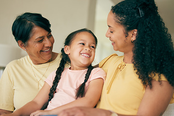 Image showing Mother, family and home with fun and smile with parents, grandparents and young child together. Parent care, love and support with happy girl on a lounge sofa in a house bonding in a living room