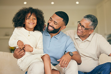 Image showing Happy, family and home with father and relax with parents, grandparents and child together. Parent care, love and support with young kid on a lounge sofa in a house with a smile in a living room