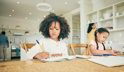 Image showing Children, writing and learning with homework in family home with book, pen or focus for development at desk. Young kids together, drawing or thinking for assessment, homeschool and education in house