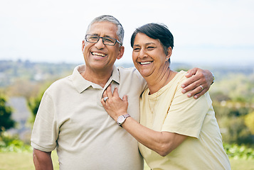 Image showing Smile, love and relax with old couple in garden park for retirement, happy and free time. Happiness, hugging and care with senior man and woman in nature for romance, bonding and wellness together