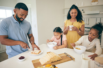 Image showing Parents, prepare and children in kitchen for breakfast, lunch and eating meal at home together. Happy family, morning and girls, mother and father with food for healthy diet, hunger and nutrition