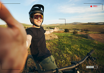 Image showing Selfie, bike and portrait of man in nature for exercise, training and workout outdoor. Bicycle, smile and athlete recording video with digital screen for social media, profile picture and cycling